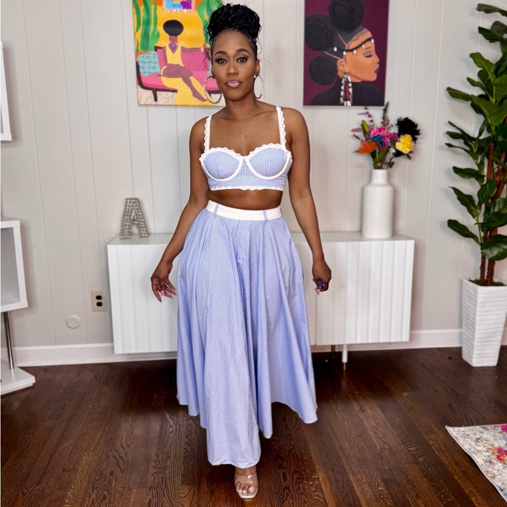 Elegant Blue Striped Skirt Set